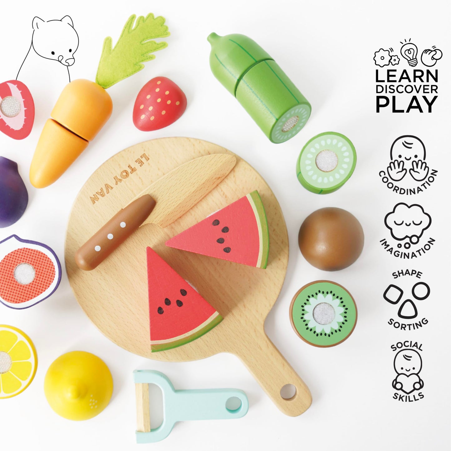 Le Toy Van Wooden Chopping Board & Super Food Set - Pretend Play for Kids 24+ Months, Perfect for Supermarket & Cafe Fun