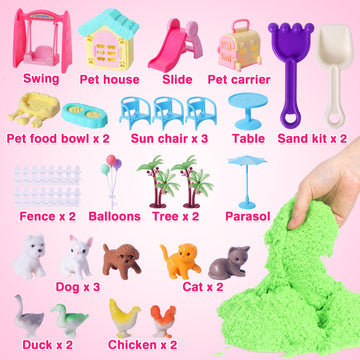Billeeit Pet Sensory Bin Sand Toy with 2.2lbs Green Magic Sand, Dog & Cat Play Sand Kit for Boys and Girls Including 28pcs Acces