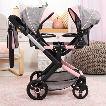 Bayer Design Dolls: Xeo Twin Pram - Butterfly Grey & Pink - Matching Handbag, Adjustable Handle, For Dolls Up To 20''