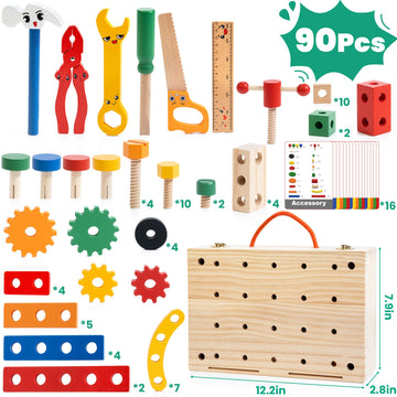 WOOOMAM Kids Tool Set, 90 PCS Wooden Toddler Tool Set with Box and Flash Cards, Tool Kit for Kids Age 3-5 Years, Toddler Boy Toy