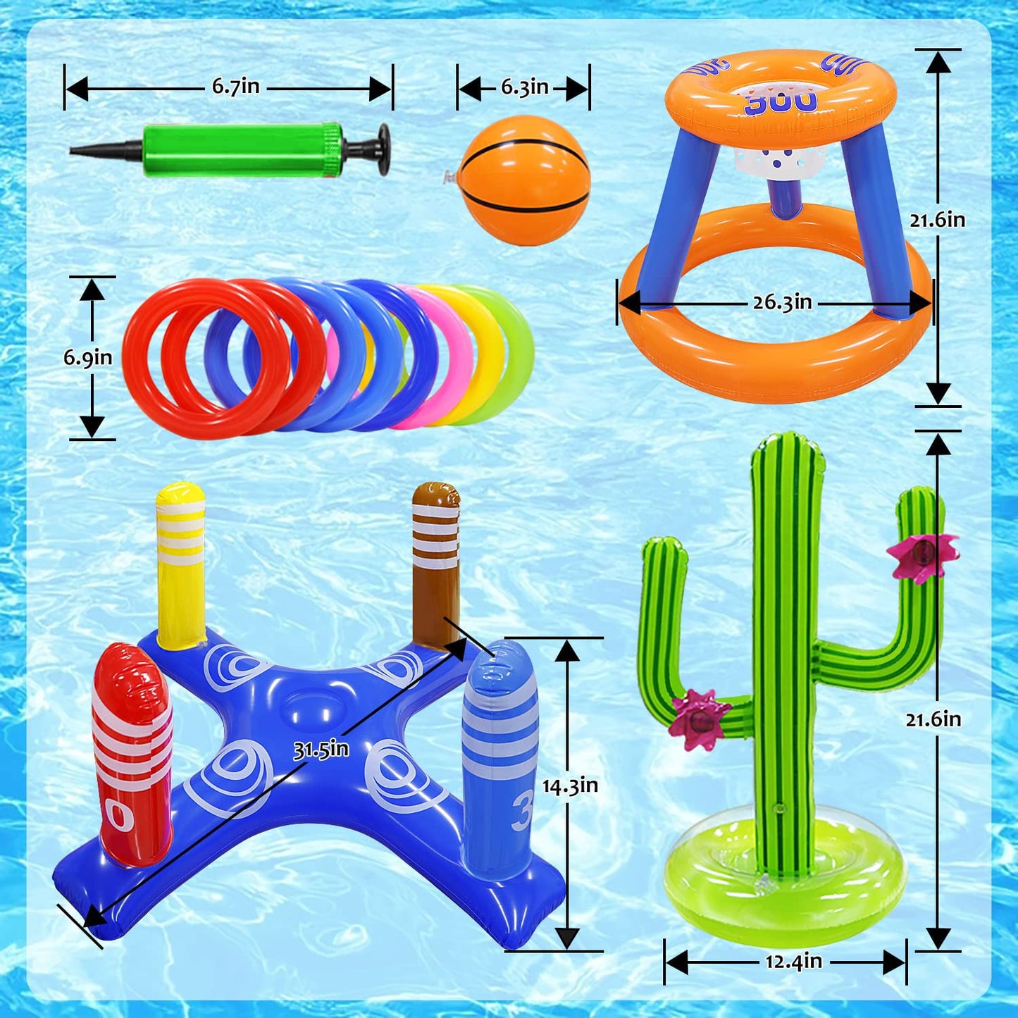 Gemle Pool Toys Games Set Of Pool Basketball Hoop Inflatable Cross Ring Toss Game And Inflatable Cactus Ring Toss Kids Pool Toys