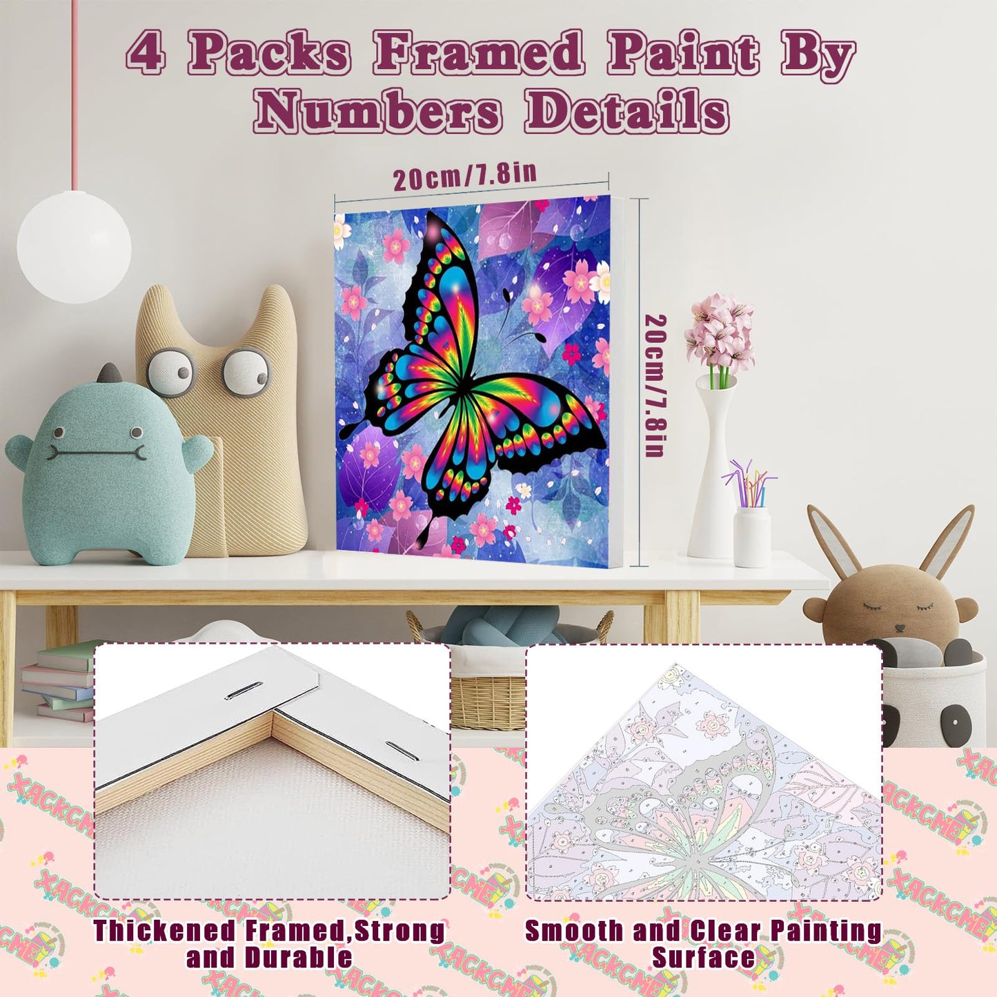 4 Pack Butterfly Paint By Number For Kids With Wooden Frame-Paint By Numbers For Kids Butterflies Ages 4-8-12,Easy Paint With Nu