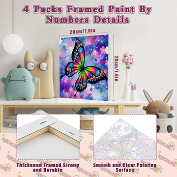 xackcme 4 Pack Butterfly Paint by Number Kits for Kids, 8x8inch, Easy DIY Acrylic Painting, Includes Wooden Frame, Ages 4-12