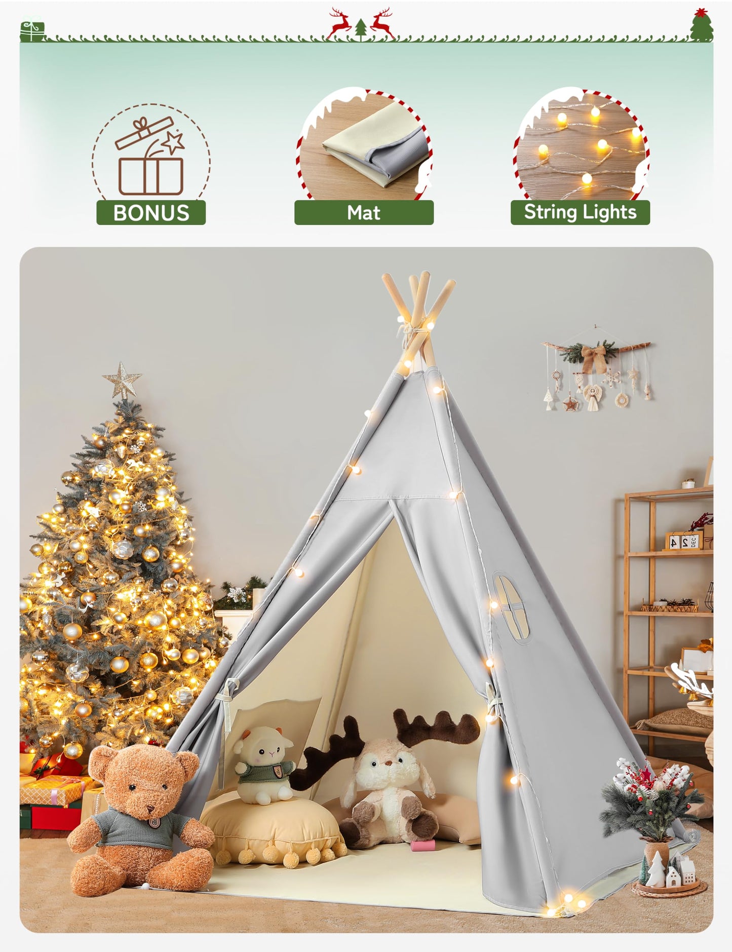 Besrey 2 In 1 Teepee Tent For Kids With Mat, Kids Tents Indoor With Light, Large Kids Tipi Tent With 2 Sided Design, Christmas Tent For Kids, Kids Teepee Tent For Boys Girls, Toddler Reading Tent