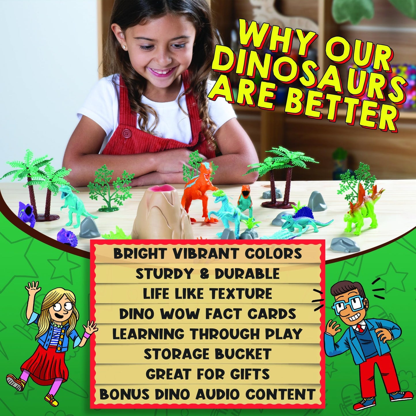 WONDERY KIDS Wow in The World Bucket of Dinosaurs - 25+ Pieces Playset for Kids, Multicolor, Includes Dinos, Trees, and Fun Fact Cards