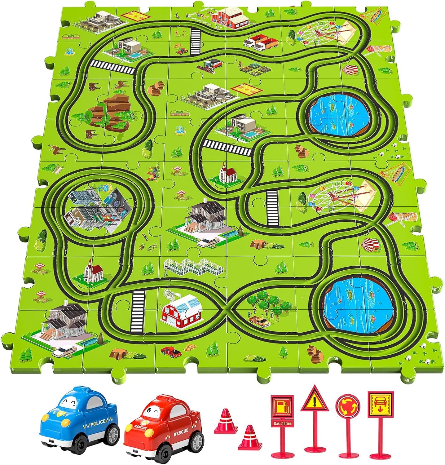 Temi 48 Pieces Puzzle Race Tracks Car Set Toys For Kids Ages 3-5 - Toddler Toys Gifts For 3 4 5 Year Old Boys, Puzzle Tracks Car Toys For Boys Ages 3-5 4-6, 3 4 5 6 Year Old Boys Birthday Gifts