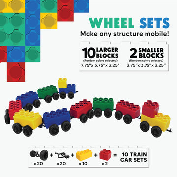 Big Building Blocks - Blocks and Wheels - Toddlers and Kids Ages 4-8 - Large Indoor Outdoor Games - 10 PC Wheel Set