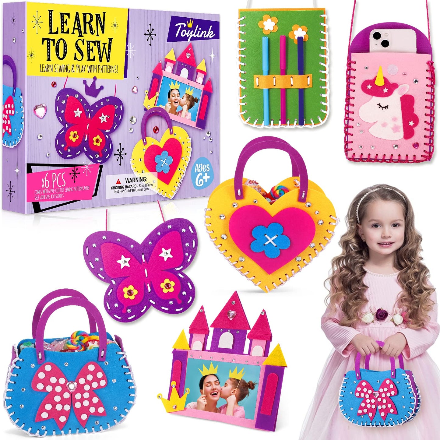 Toylink First Sewing Kit For Kids Beginners Arts Crafts For Girls Ages 4 5 6 7 8 Learn To Sew Unicorn Purse Bags Picture Frame Pen Holder Diy Felt Craft Kits Toddler Gifts