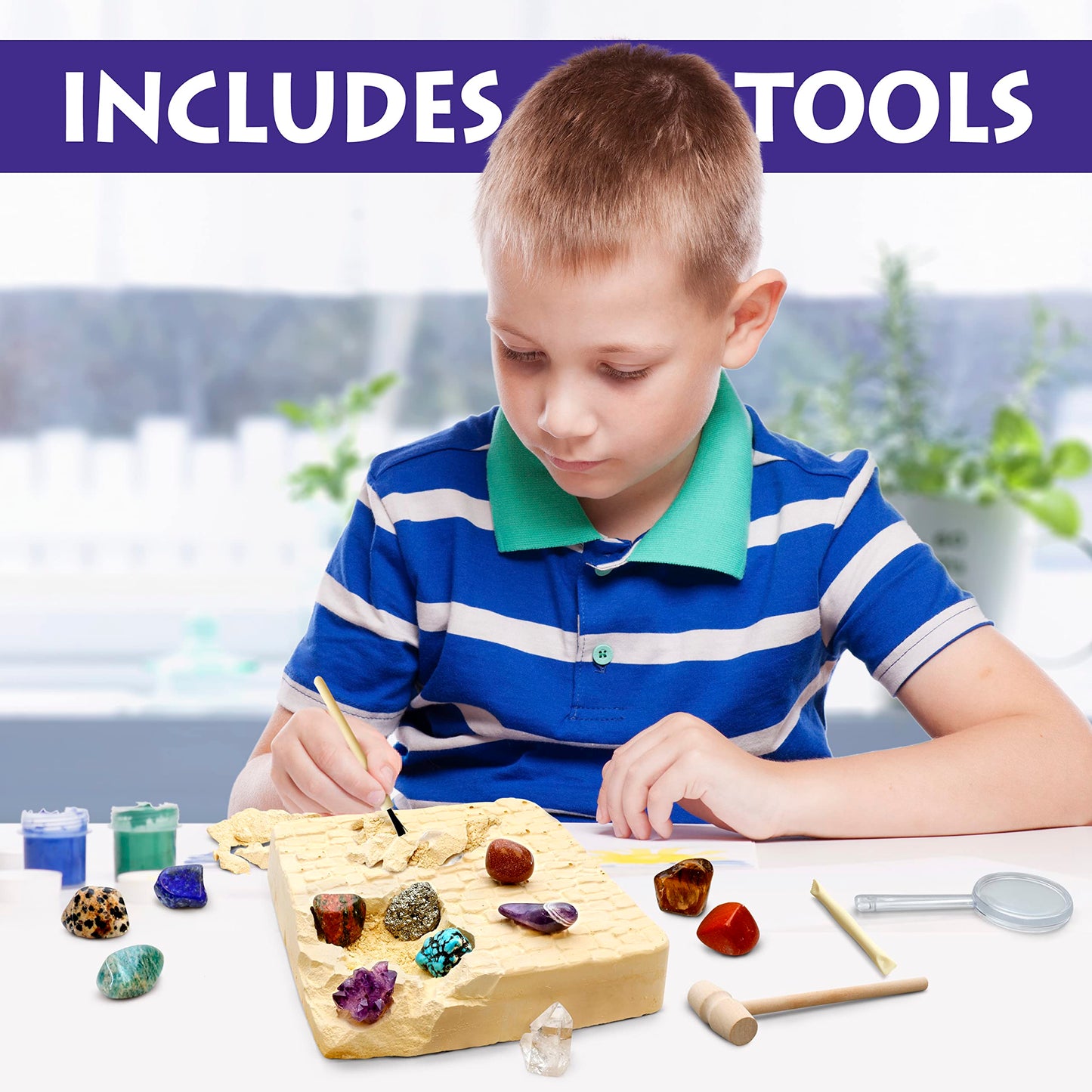 Dancing Bear Gem Dig Kit - Excavate 16 Gems & Crystals Including Arrowheads, Quartz, Amethyst - Stem Education Gift Set For Kids