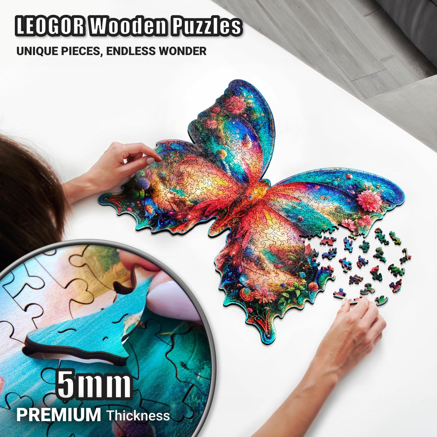 Wooden Puzzles For Adults 500 Piece – Butterfly Puzzle – Extra-Thick 5Mm Wood Jigsaw Puzzle, Challenging Puzzle By Leogor, Xl Size 19.2' X 18'