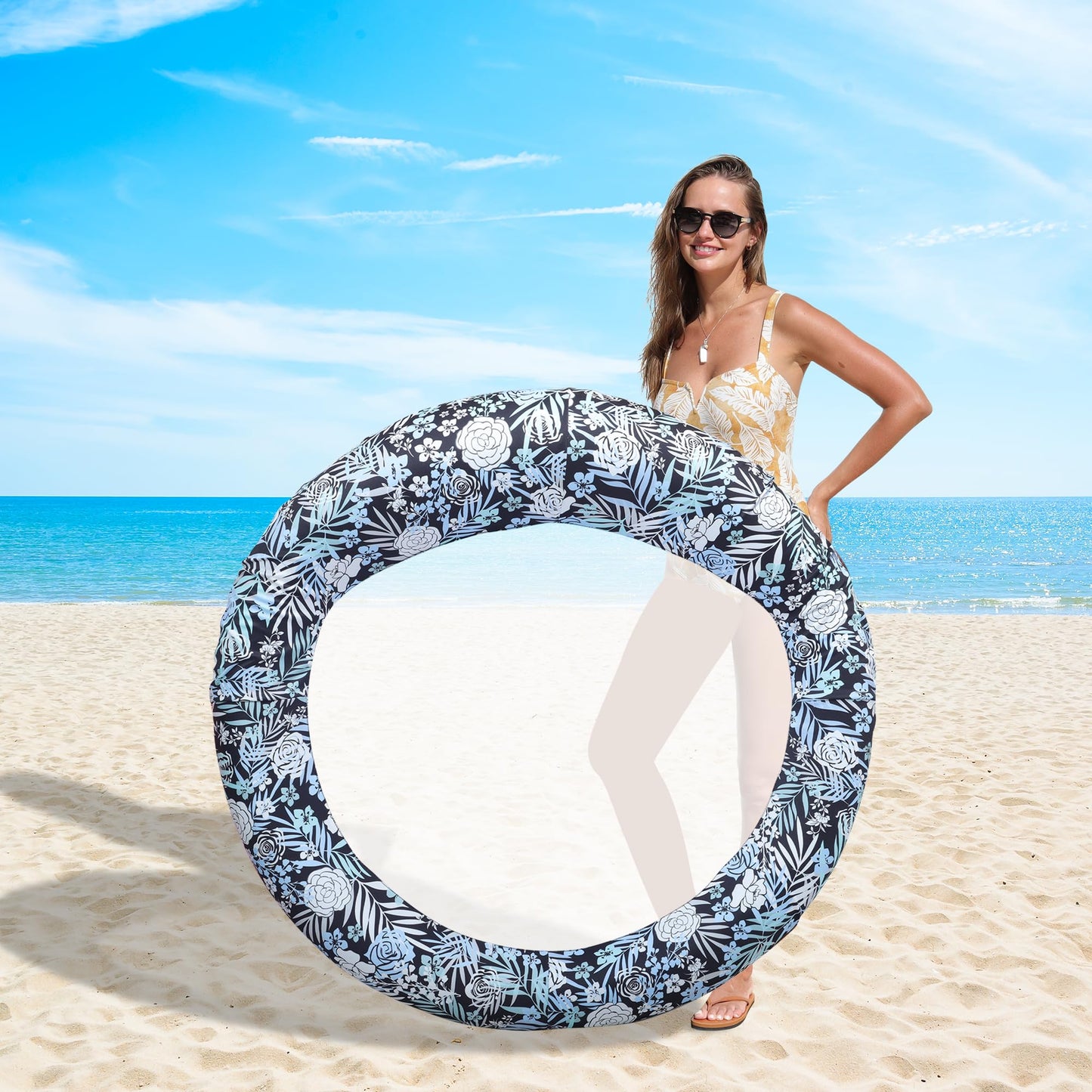 Inflatable Pool Float Pool Lounger Chair for mature-themeds Fabric Covered mature-themed Pool Floats for Lake Beach Floaties(Blue & White)
