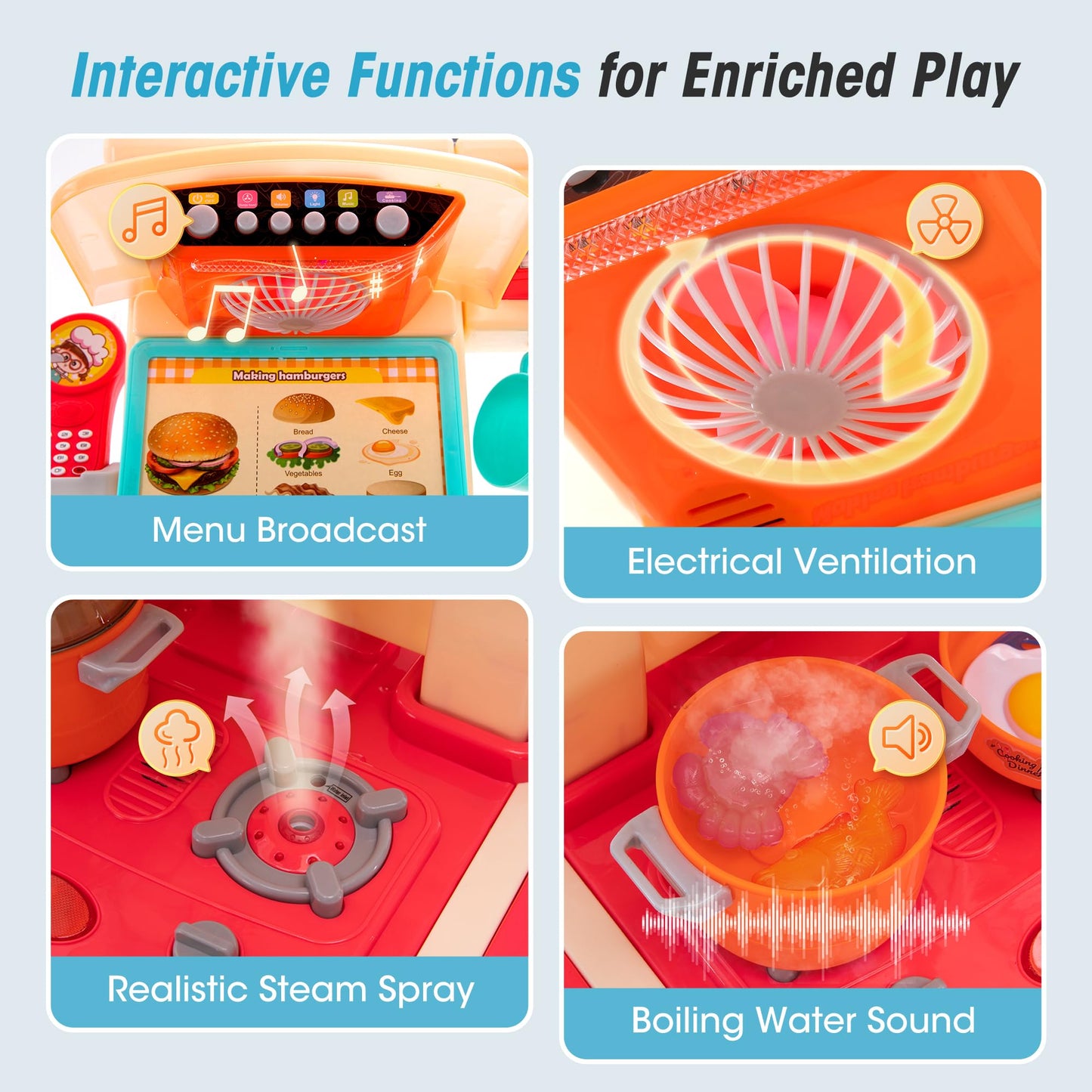 Sophia &William Kids Play Kitchen Set, Toy Kitchen with Sound & Light, Cooking Stove with Steam, Play Sink, Play Food Toy, Indoo