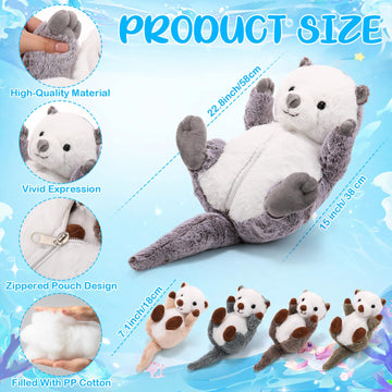Shappy 5 Pcs Sea Otter Stuffed Animals Large Mommy Sea Otter Stuffy Plush With 4 Cute Babies In Her Zippered Belly Soft Cuddly Plushies For Boys Girls Birthday Gifts Ocean Party Decors(Gray)