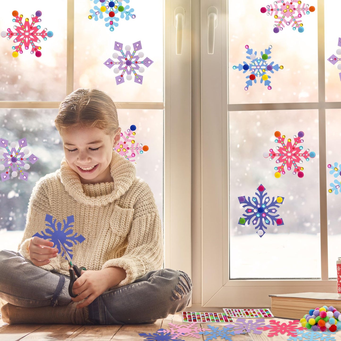 Jetec 30 Sets Snowflake Craft Kit for Kids DIY Winter Snowflake Make Your Own Snowflake Gem Sticker Pompoms Kits for Kids Winter