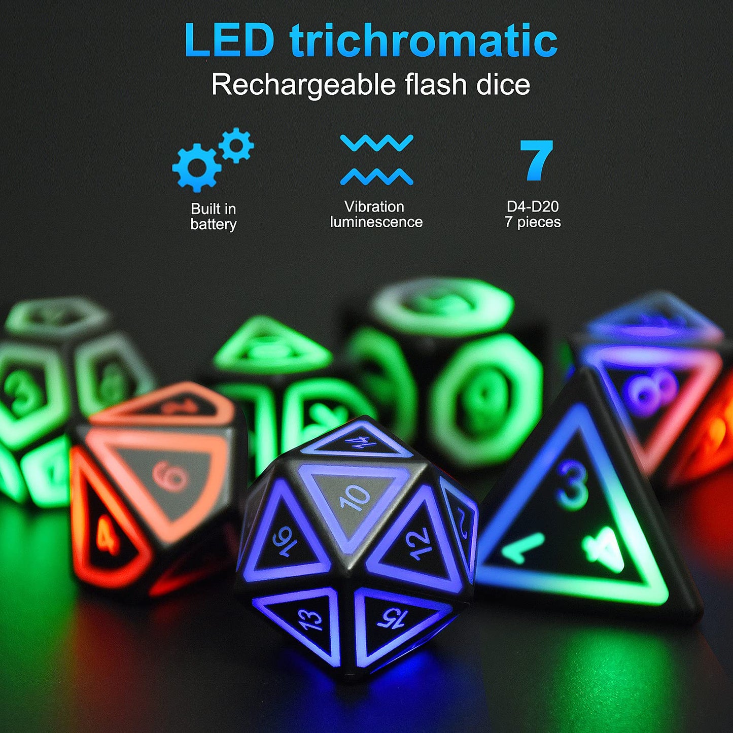 HTPOW Light up LED Dice Set of 7 USB Rechargeable Light Up DND Dice with Charging Box, Shake to Glowing Dice for Dungeons and Dr