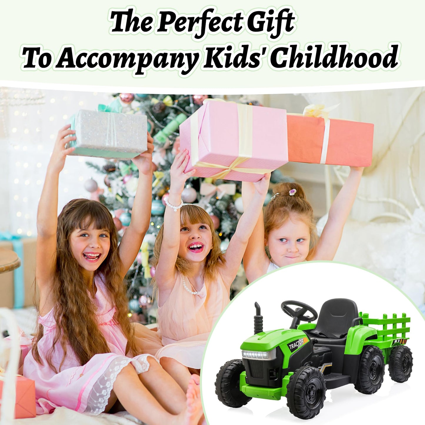 Tobbi 12V Battery-Powered Toy Tractor With Trailer And 35W Dual Motors,3-Gear-Shift Ground Loader Ride On With Led Lights And Usb Audio Functions, Green