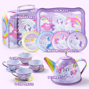 JOYIN Unicorn Tea Party Set for Little Girls, Pretend Purple Tin Teapot Set, Princess Tea Time Play Kitchen Toy with Teapot, Cup