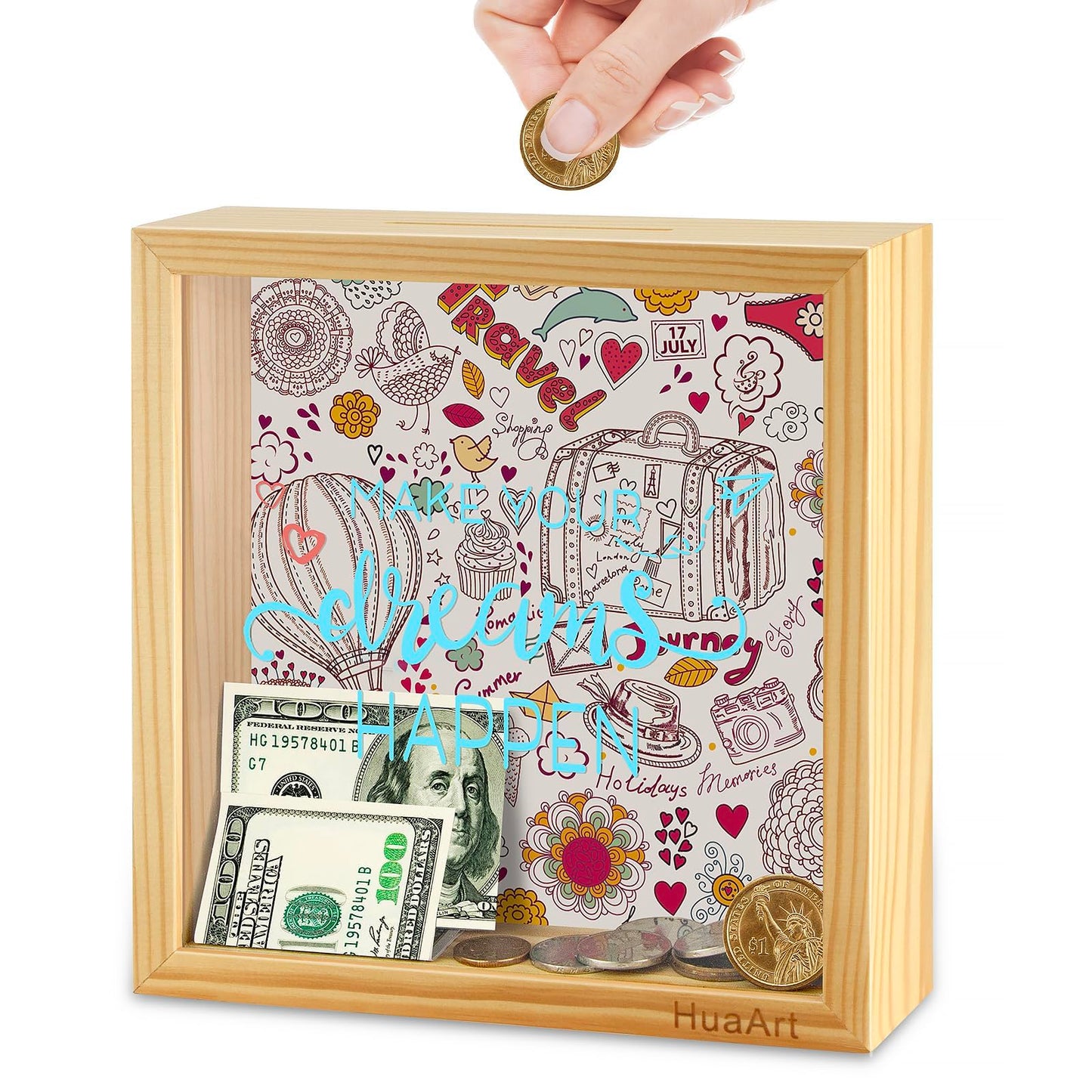 Piggy Banks For Adults,Bigger Wooden Safe Money Savings Bank Box For Kids, Coin Bank Money Bank,Natural Wood Money Box, Printed On The Plexiglass Front-Make Your Dreams Happen, Sized (8X8X2.4 Inch)