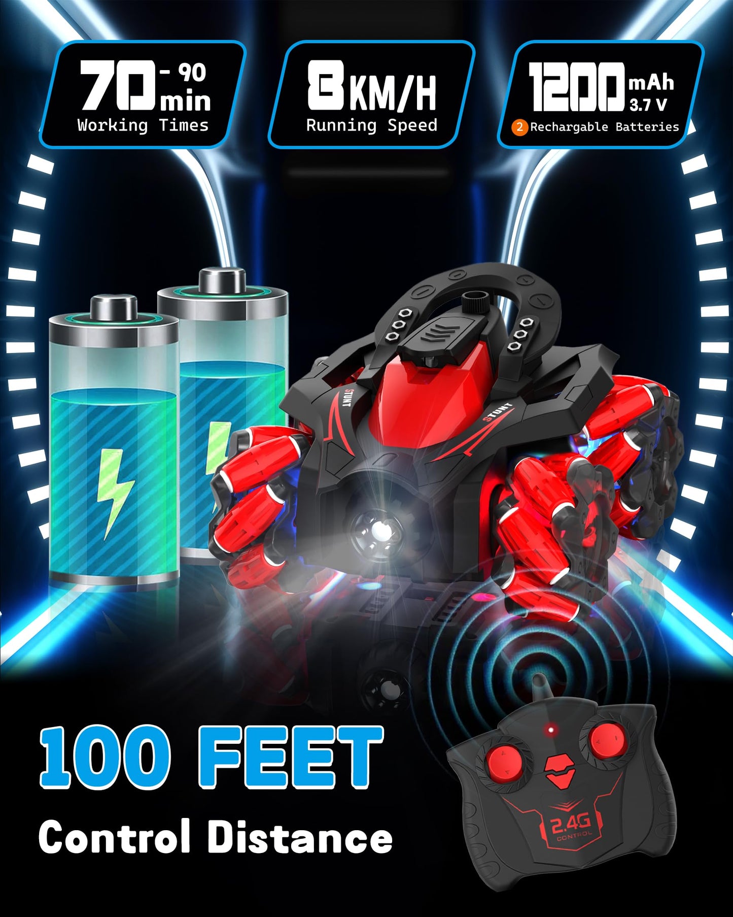 Eulogia RC Stunt Car 360 Upright & Side Rotating Remote Control Car, 4WD All Terrain Car Truck with 2 * 1200mAh Rechargeable Bat