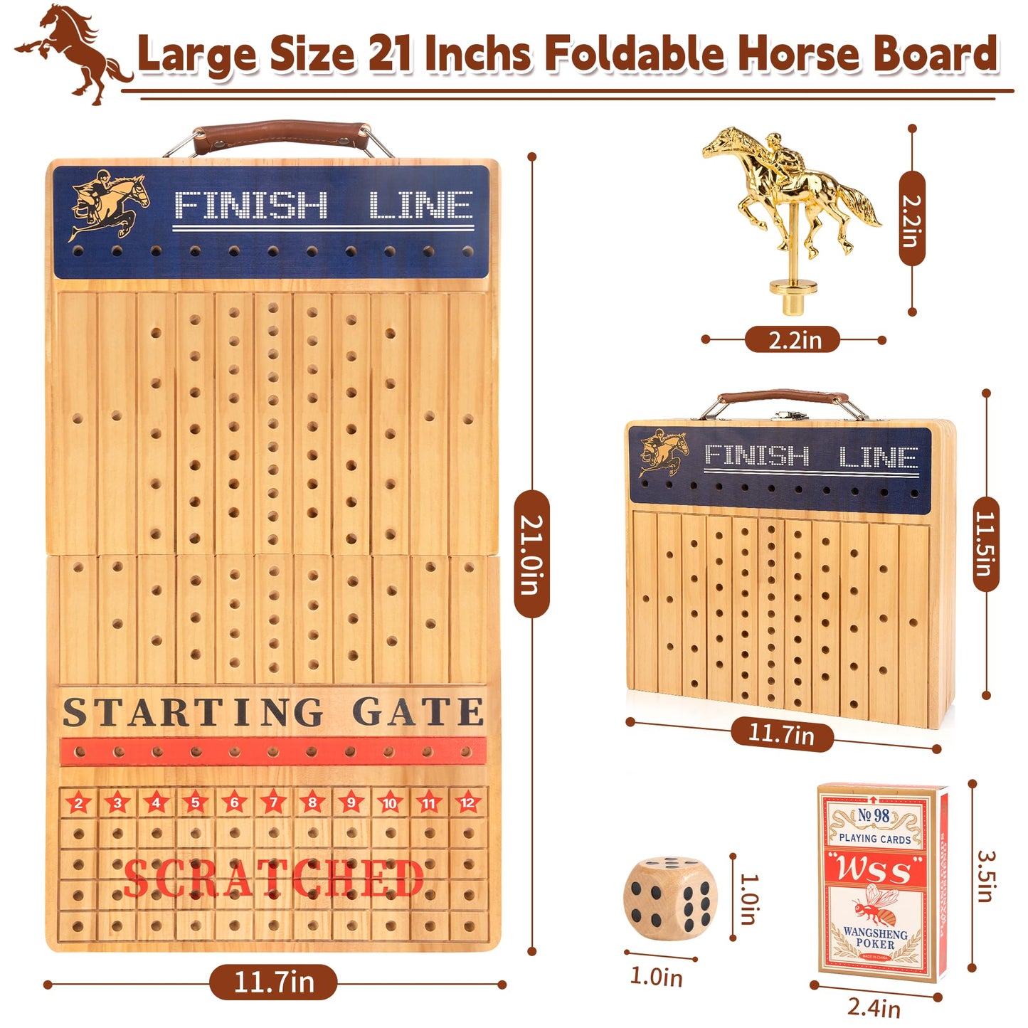 Bravmate Large 21 Inches Horse Race Board Game, Solid Wood Foldable Horse Racing Game With 11 Luxury Metal Horses, 2 Wooden Dice