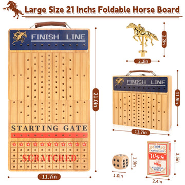 Bravmate Large 21 Inches Horse Race Board Game, Solid Wood Foldable Horse Racing Game With 11 Luxury Metal Horses, 2 Wooden Dice