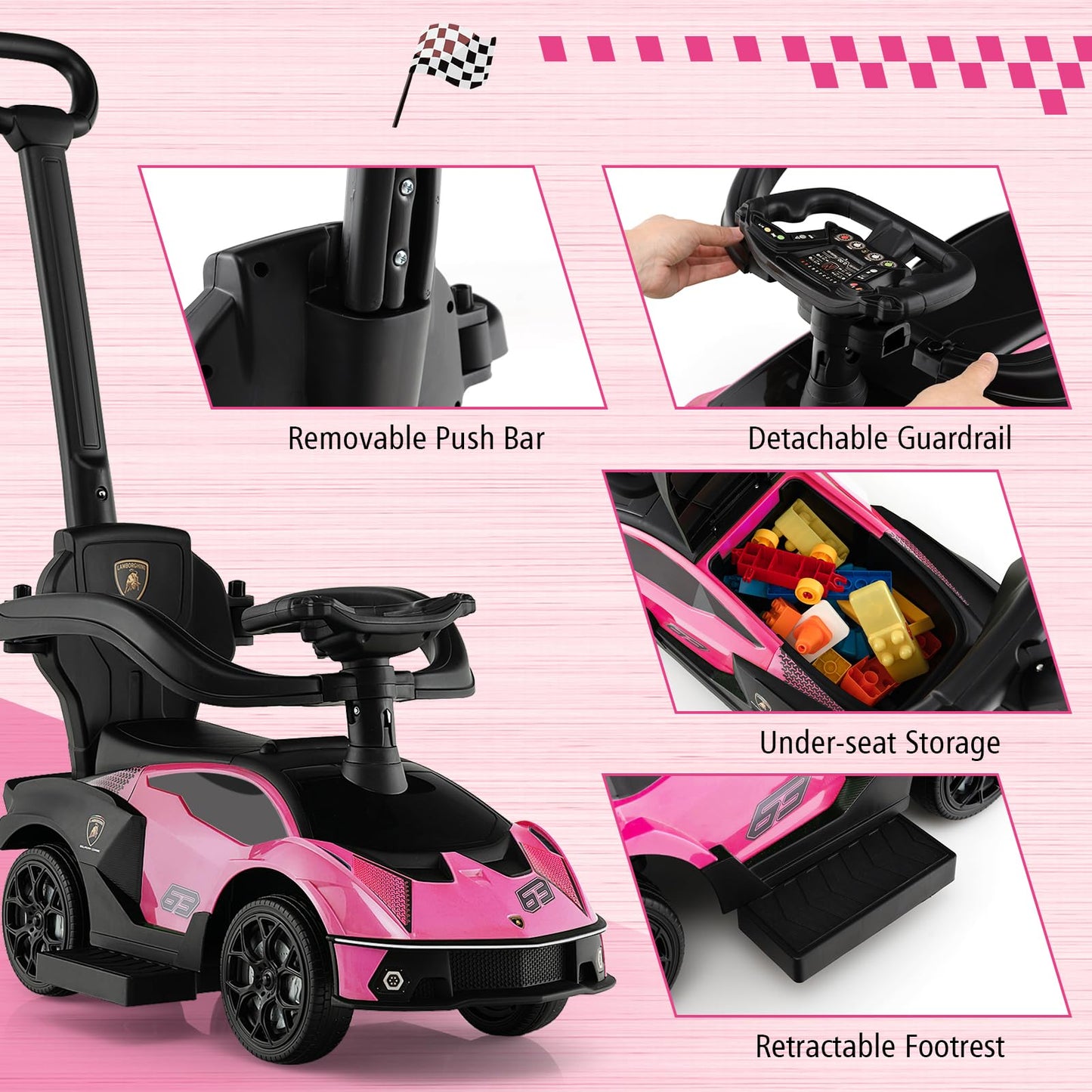 Costzon Push Cars For Toddlers, 3 In 1 Licensed Lamborghini Stroller Sliding Walking Car W/Handle, Armrest Guardrail, Underneath Storage, Horn, Foot-To-Floor Ride On Toy For Boys Girls (Pink)