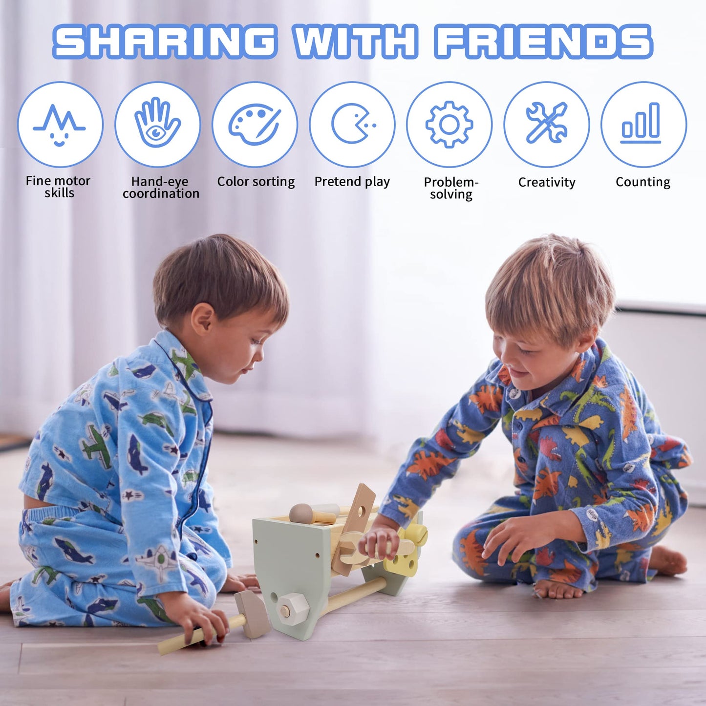 Leader Joy Montessori Wooden Tools Toddler Educational Construction Kids Toys Sets Play Box Preschool Play Tool(Blue)