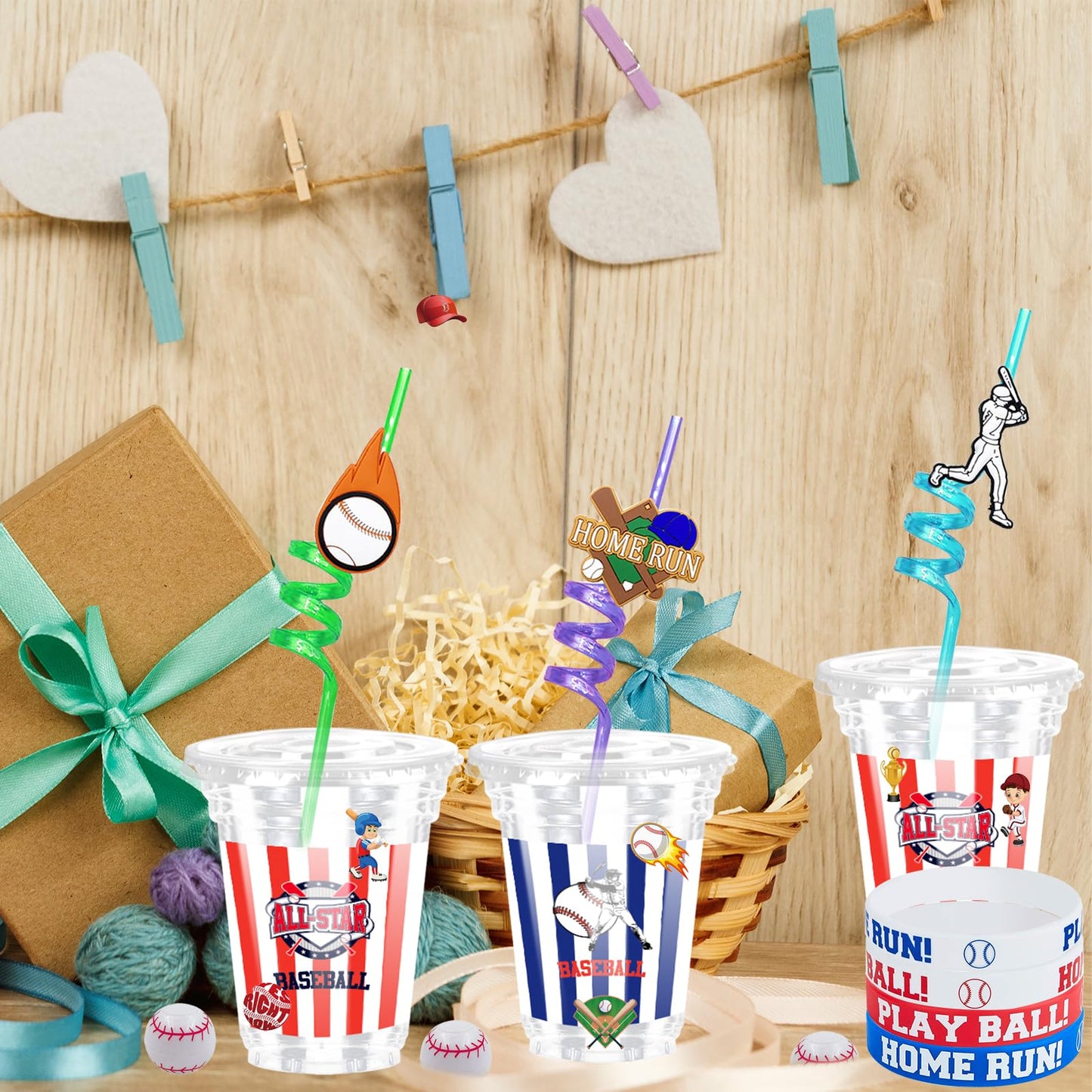 Tkifoda Baseball Party Favors , 72 PCS Sports Baseball Party Cups with Lids Straw Baseball Slap Straws Silicone Bracelets Sticke