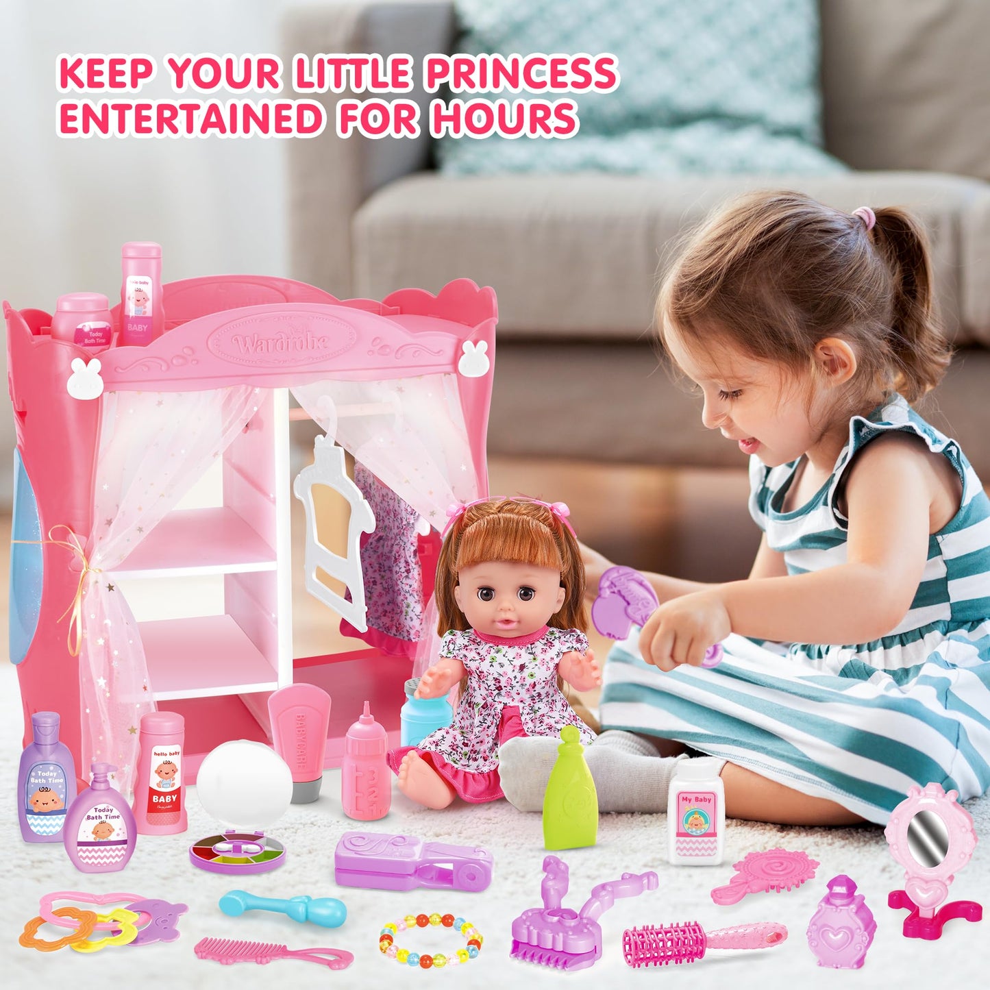 14' Baby Doll Toy Playset With Wardrobe Bed, 37Pcs Beauty Hair & Baby Doll Care Toy Set, Toddler Toy Pretend Play Doll Incl Hair Salon Kit, Doll Clothes, Baby Gift For 3 4 5 6+ Year Old Girl Toy