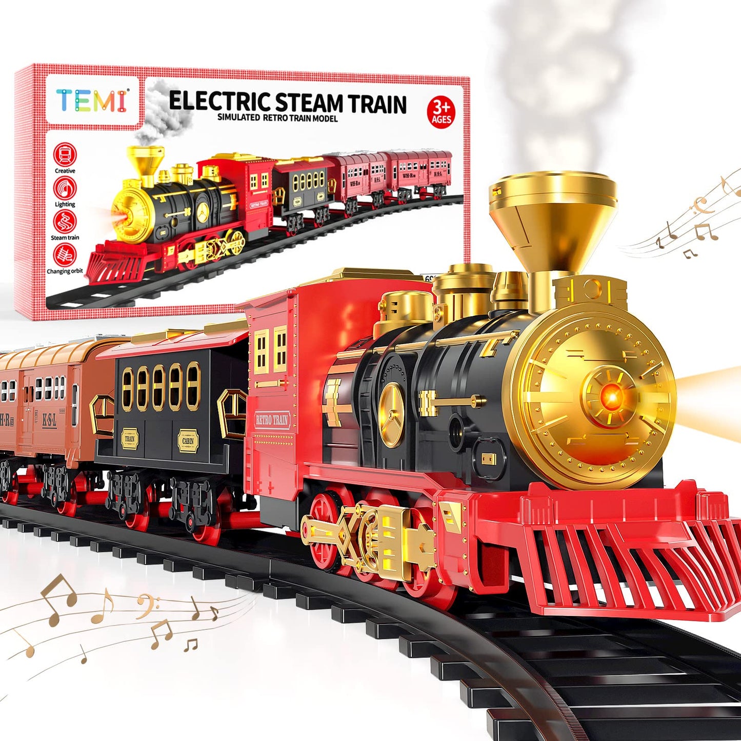 Temi Train Set For Kids Toddlers 3-5, Train With Steam Engine, Cargo Car And Long Track, Rechargeable Battery Play Red Train Toys With Smoke, Light & Sounds, Gift For Boys & Girls 4-7 Years