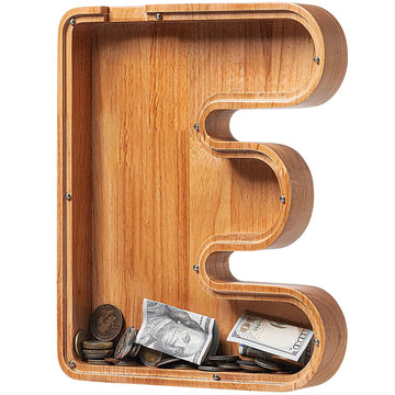 Piggy Bank For Kids Boys Girls, Large Personalized Wooden Letter Piggy Bank With Cut-Out Design, Alphabet Letter Coin Banks, Money Savings Box, Wooden Bank For Kids Creative Gift For Real-Money(E)