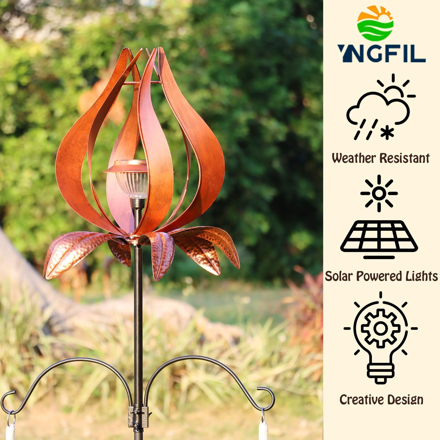 Multi-Functional Yard Wind Spinners with Solar Lights Outdoor Garden,YNGFIL Large Ornaments Outdoor with Double Shepherds Hooks
