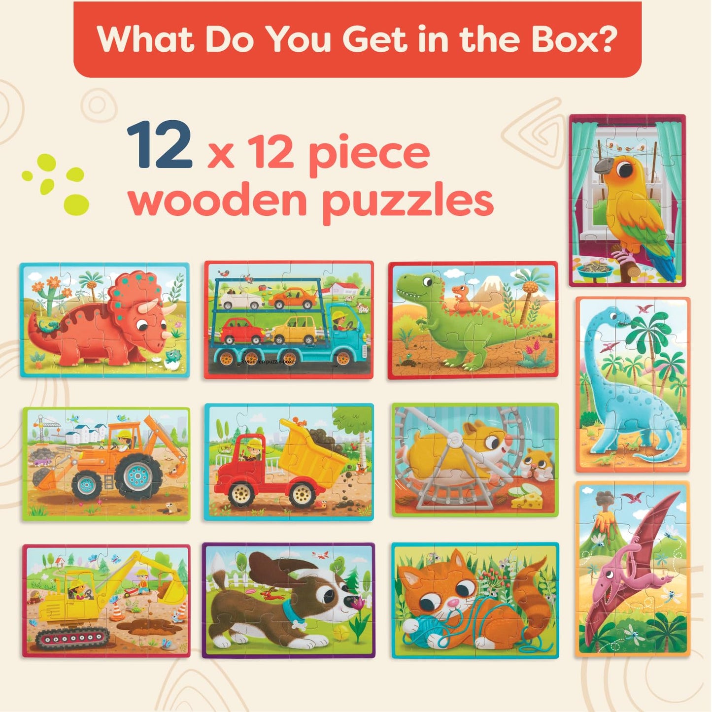 B. Toys- Pack O' Puzzles 3-Pack - Pets, Dinos & Trucks- Wooden Puzzle Box Set – 3 Puzzle Boxes, 12 Puzzles – 4 Dinos, 4 Pets, 4 Trucks – 12-Piece Jigsaw Puzzles For Kids – 3 Years +
