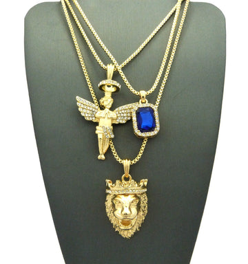 Fashion 21 Micro Colorful Gemstone, Angle, Lion Pendant 24'',30'' Box Chain 3 Necklace Set Gold Tone RC1413G (Blue)