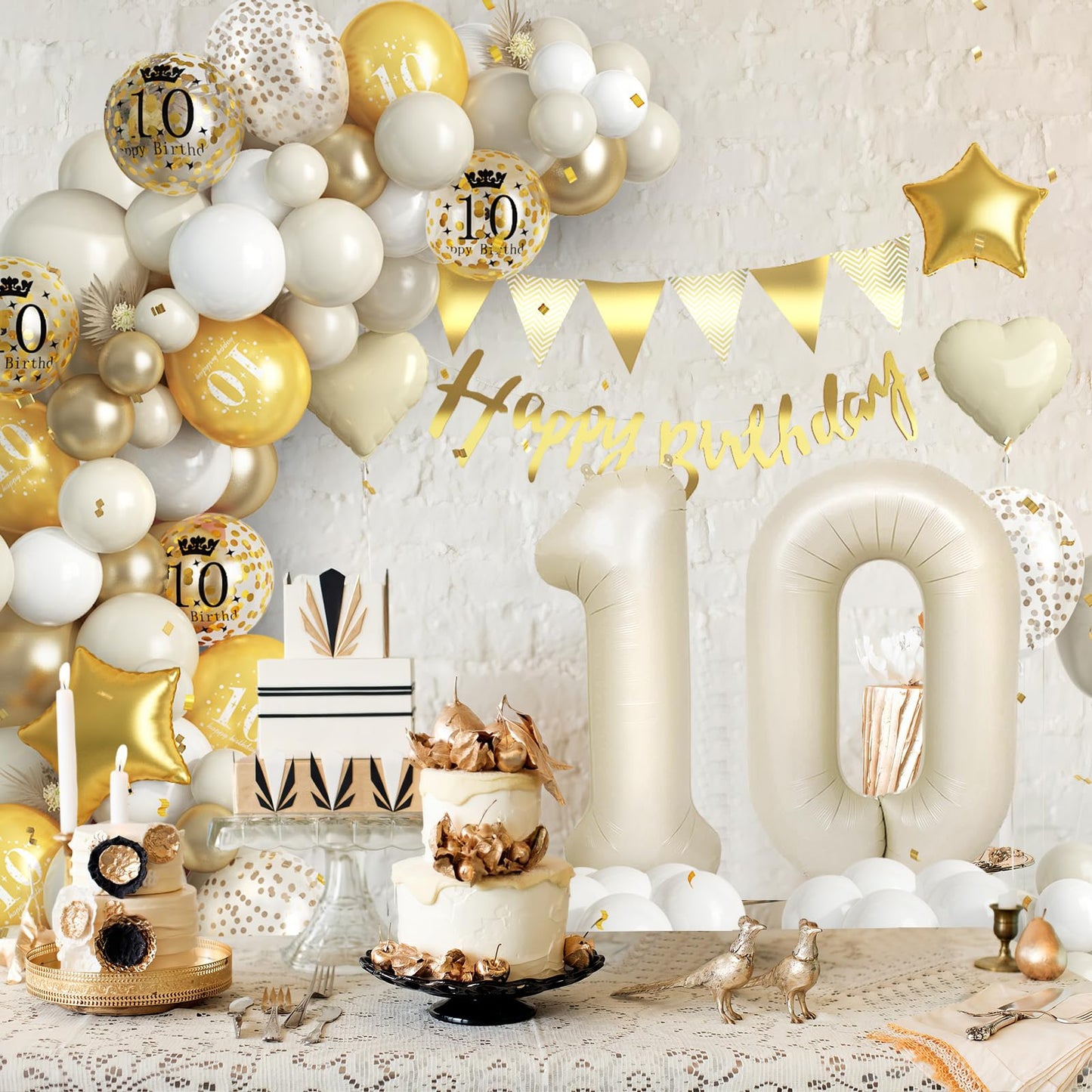 10Th Birthday Decorations Sand White Gold,10Th Birthday Balloon Arch Garland Kit With Happy 10Th Birthday Number 10 Foil Balloon