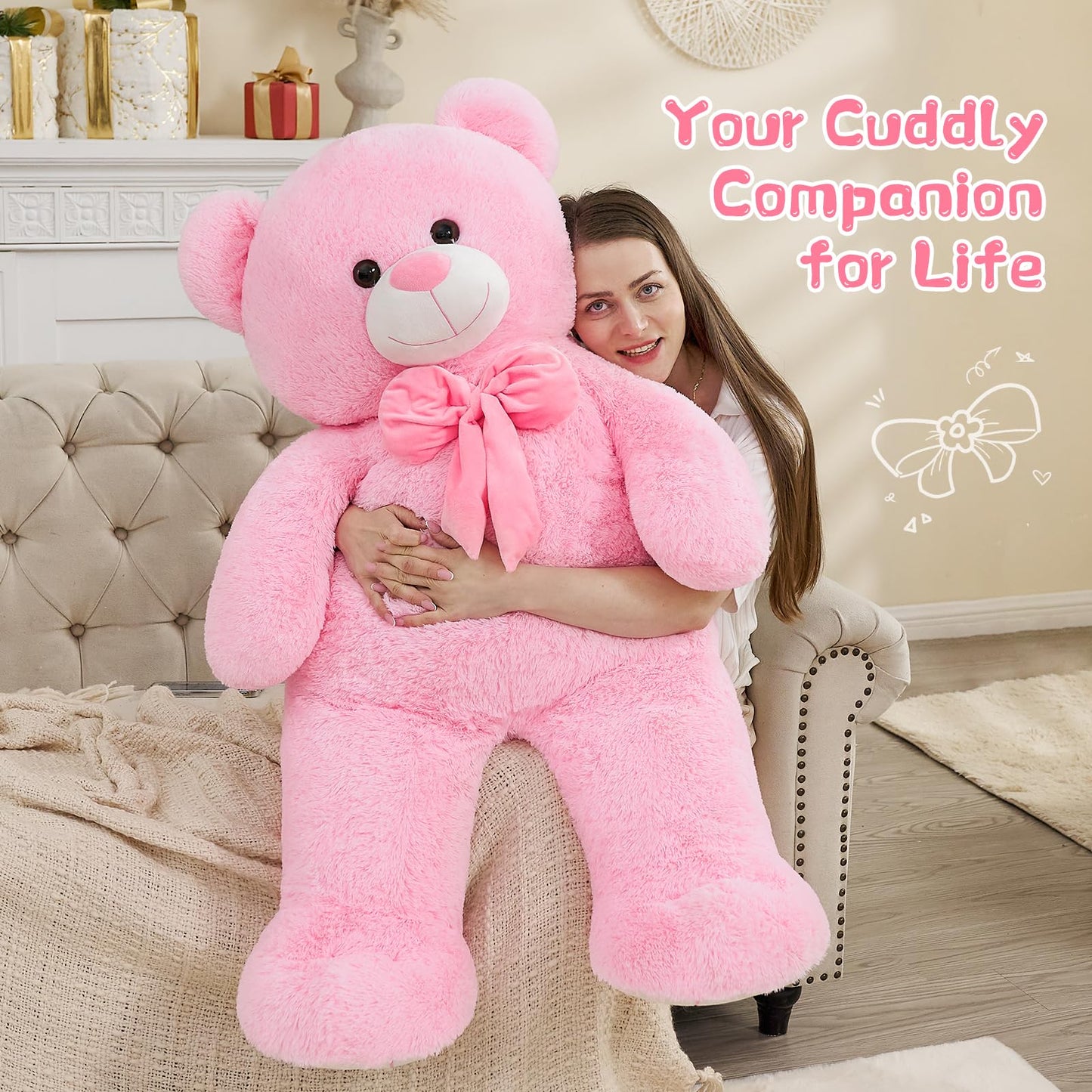 Tezituor Giant Teddy Bear, 4 Feet Soft Big Stuffed Animal Life Size 47 Inch Plush Bear Toy Valentine'S Christmas Birthday Gift For Girlfriend Kids,Pink