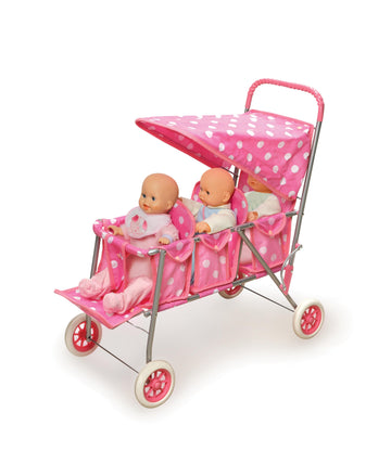 Badger Basket Folding Triple Doll Stroller for 18-Inch Dolls - Stylish Pink with Polka Dots, Lightweight and Convenient for Playtime Adventures
