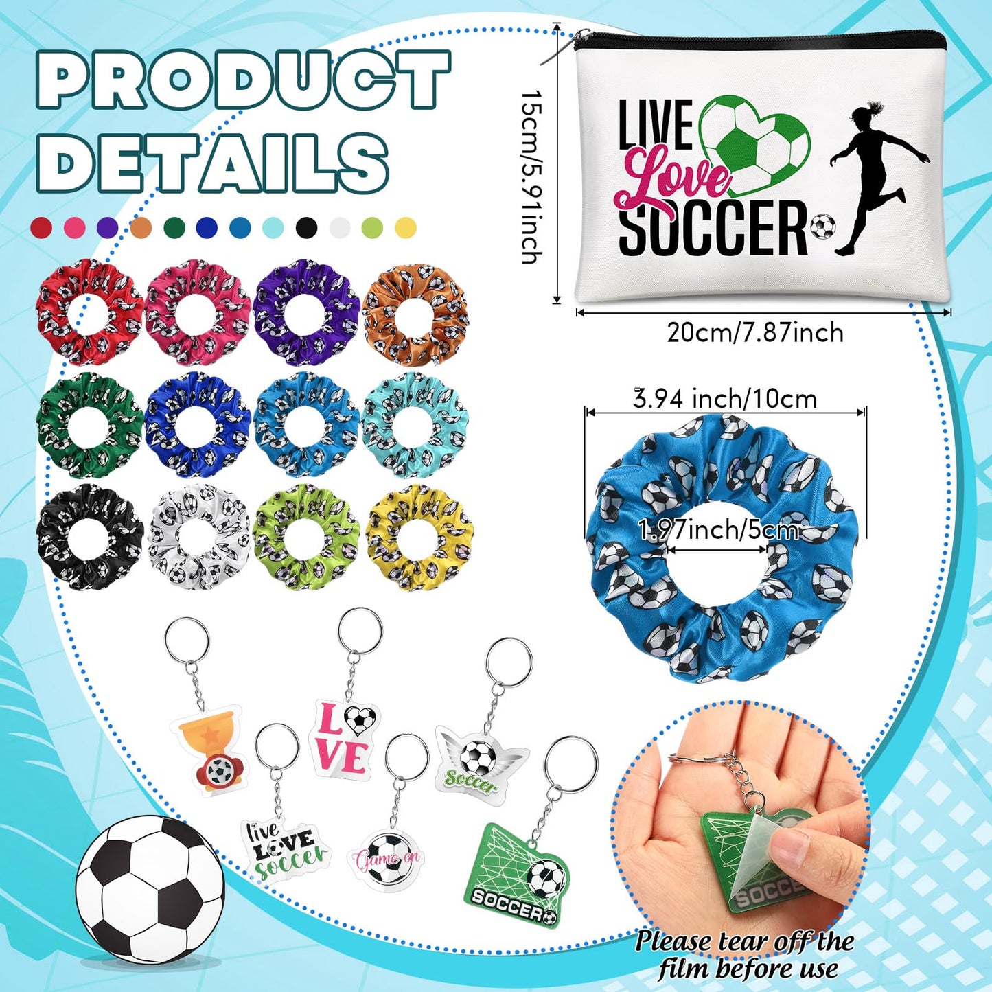 Baderke 72 Pcs Soccer Accessories Gifts Include 12 Make up Bags 12 Mirrors 12 Acrylic Keychains 12 Bracelet 12 Scrunchies 12 Hai