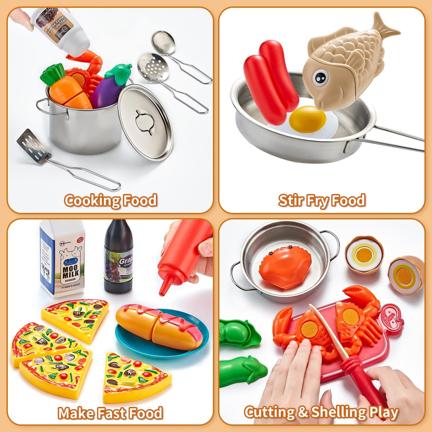 Kidsciety Pretend Play Kitchen Accessories, 52pc Kids Kitchen Playset with Play Food, Stainless Steel Cookware, Kitchen Toys Pot