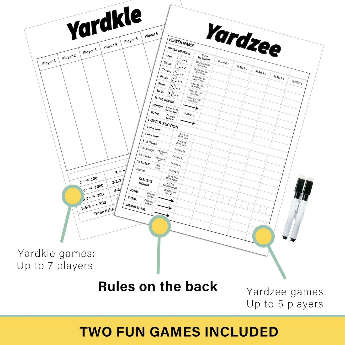 Large Wooden Yard Dice Set Of 6 With Two Games And Cardboard Bucket