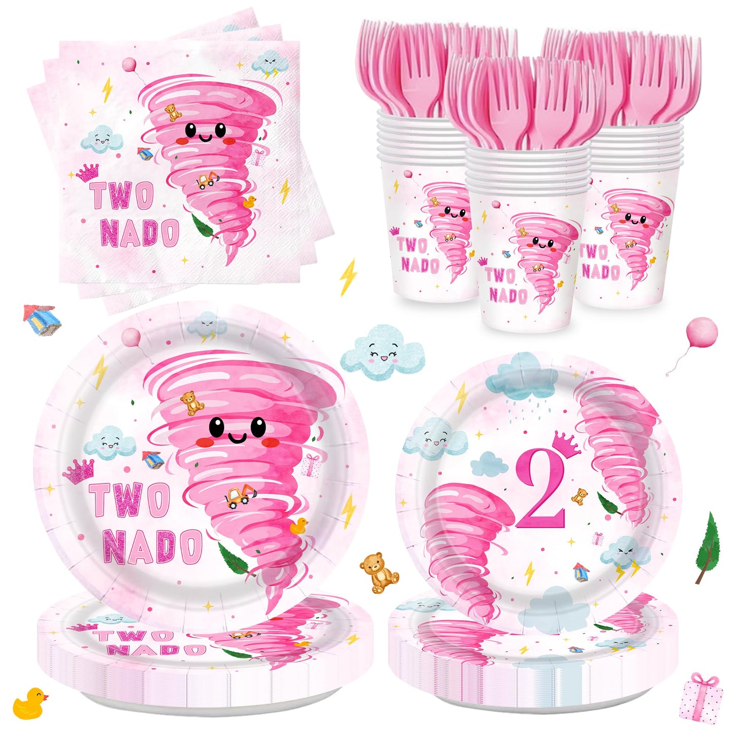120Pcs Tornado Plates Napkins Two Nado Party Supplies Girls 2nd Birthday Tableware Set Two Years Olds Disposable Paper Dinnerwar