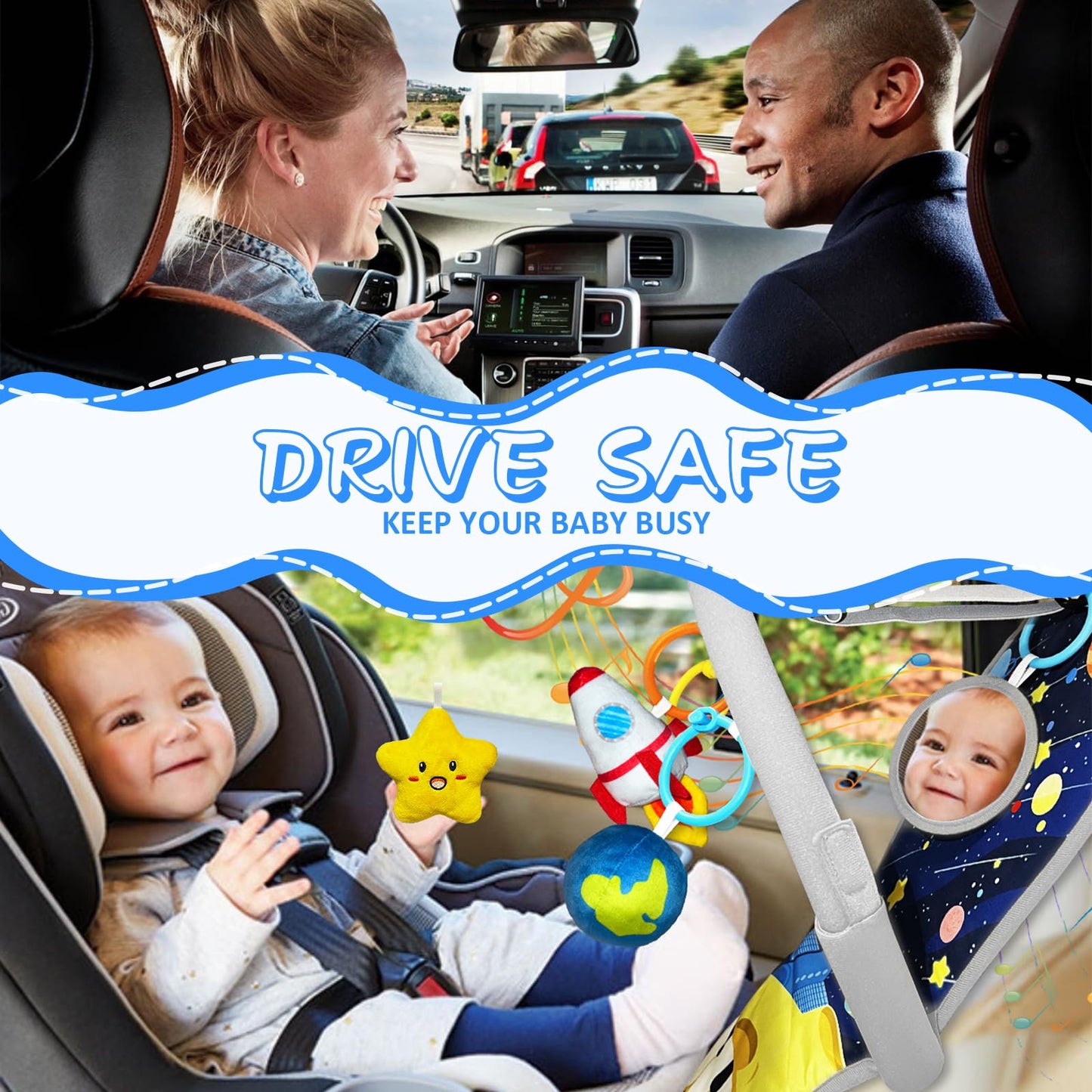 Toymni Car Seat Toys For Baby Infant 6 Months And Up, Carseat Toys With Musical Pedal Piano, Baby Mirror And Hanging Squeaky Sen