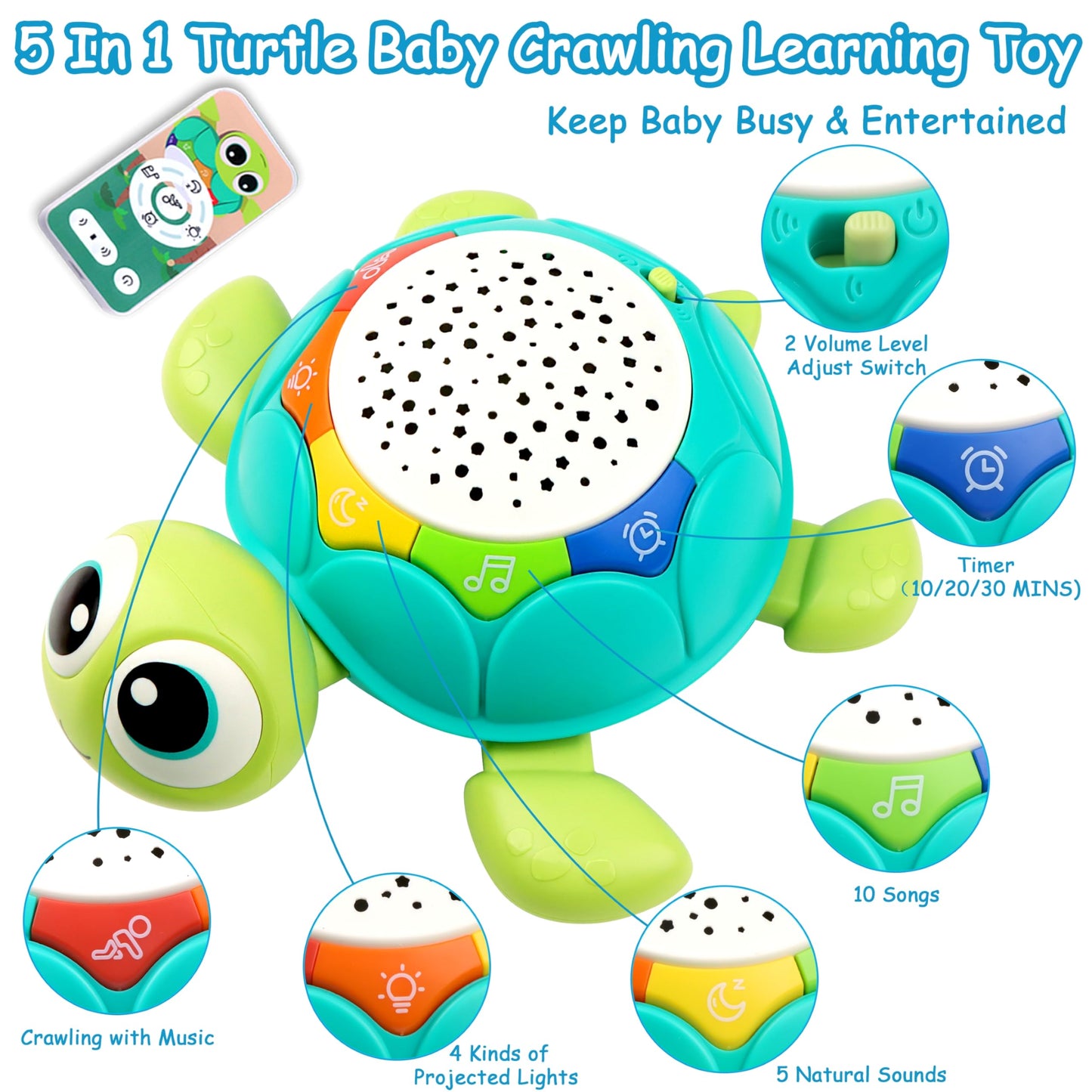 Baby Toys 6-12 Months, 5 In 1 Musical Projector Turtle Crawling Toys Tummy Time Infant Baby Toys 0-3 3-6 7 8 9 12-18 Months 1 Ye
