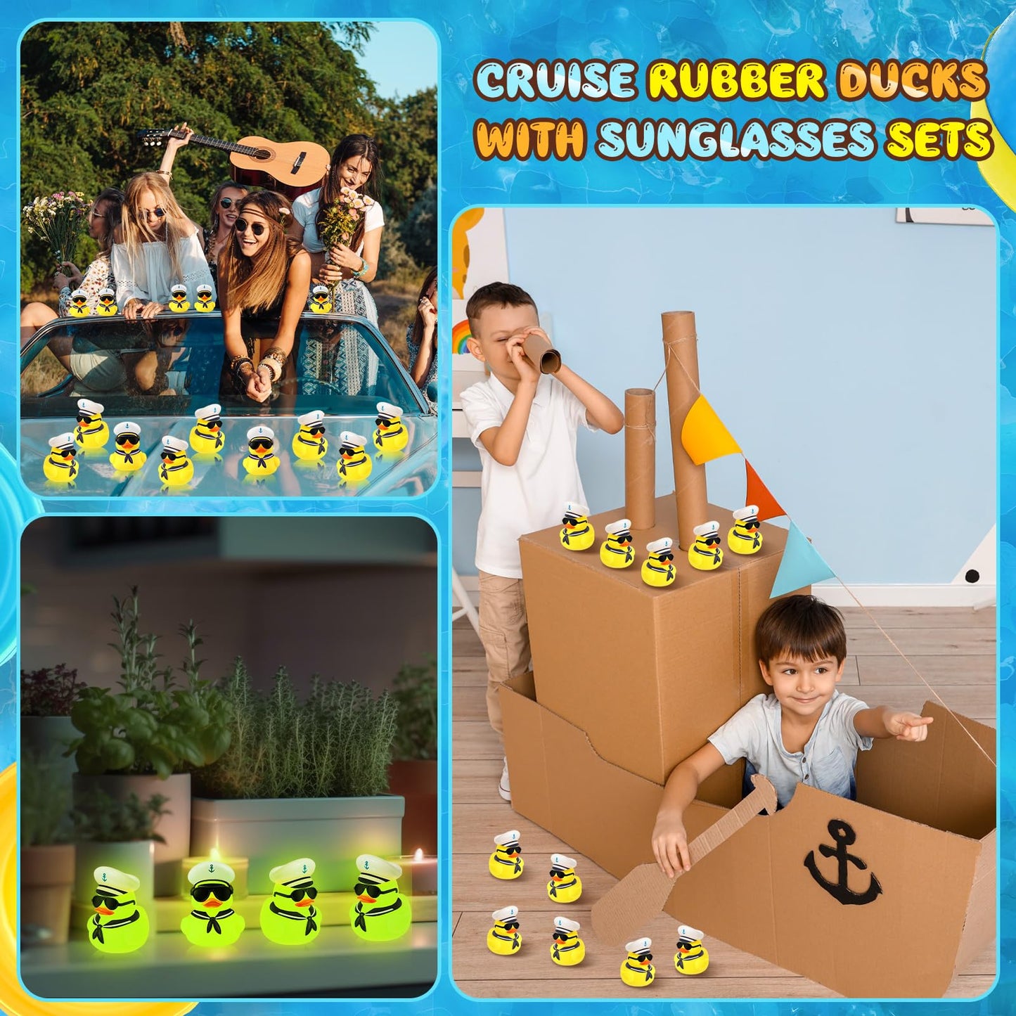 Simgoing 24 Pcs Cruise Duck Gift Bulk Glow In The Dark Rubber Ducks With Sunglasses Tiny Sailing Toy Squeaky Nautical Ship Toy For Birthday Baby Shower Party Favors Classroom Carnival