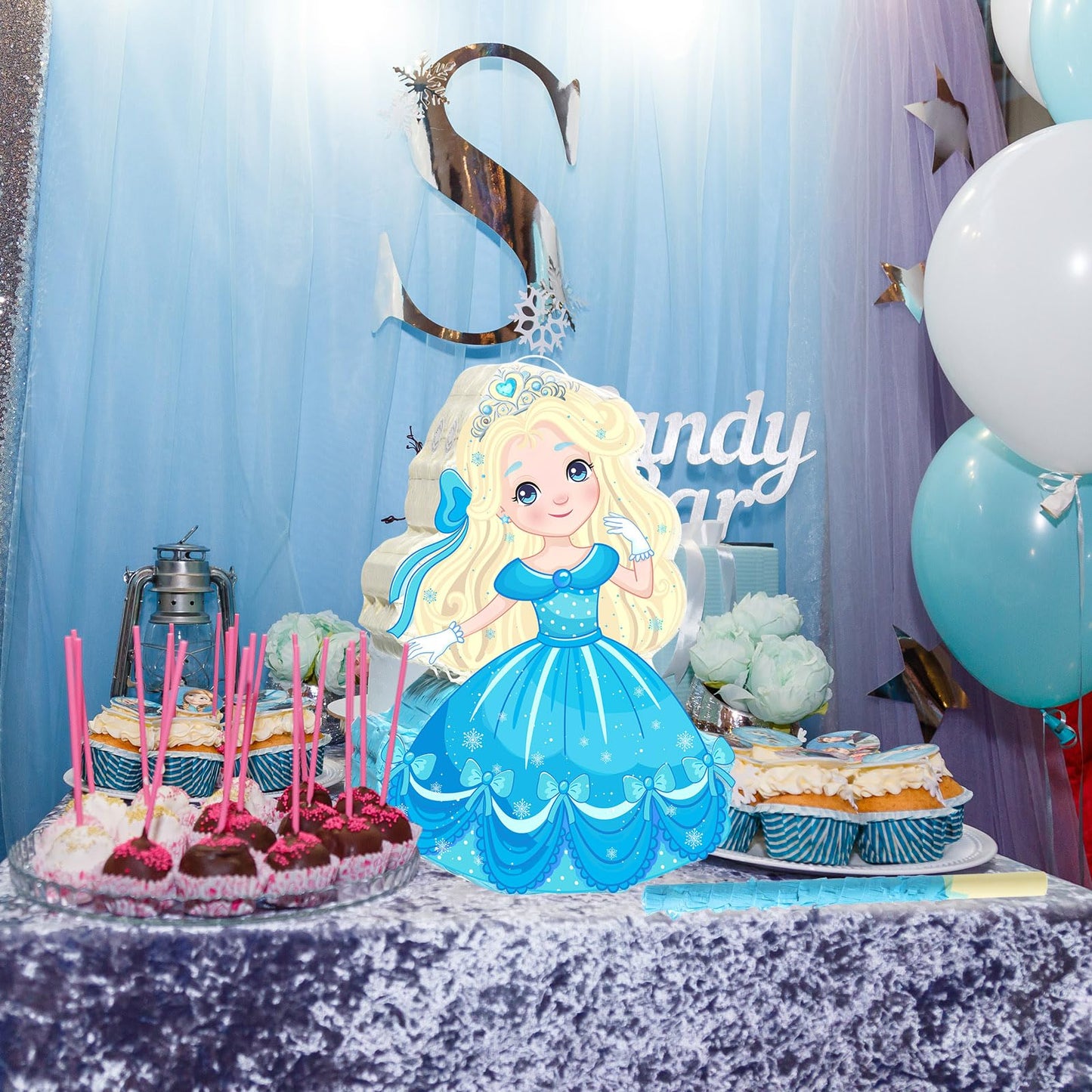 Threan Princess Piñata Set - Winter Theme Party Supplies, Cardboard, Blue, Includes Stick & Blindfold for Birthday Celebrations