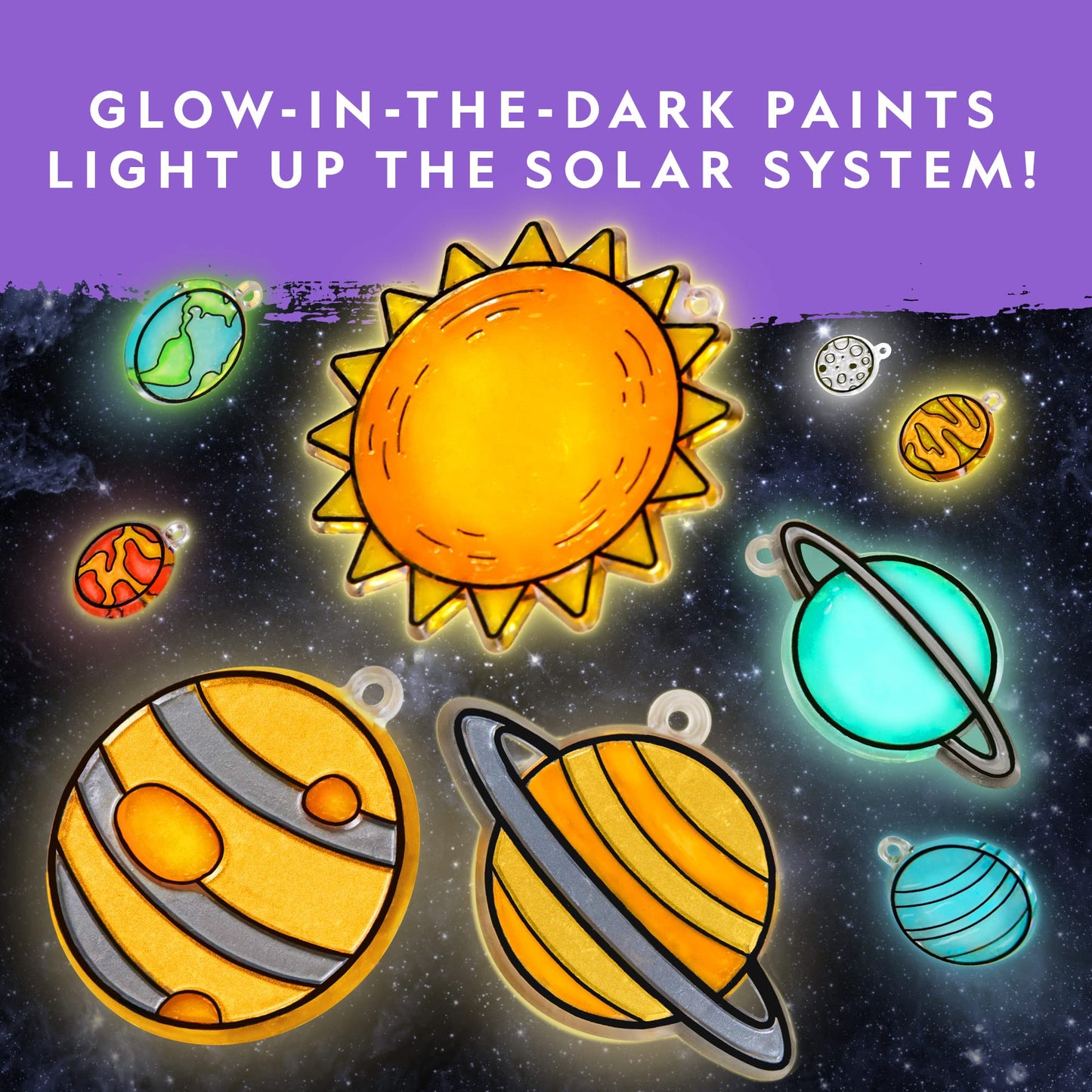 National Geographic Kids Window Art Kit - Stained Glass Solar System Arts & Crafts Kit With Glow In The Dark Planets, Use As Window Suncatchers, Hanging Decor From Ceiling, Mobile, Space Room Decor