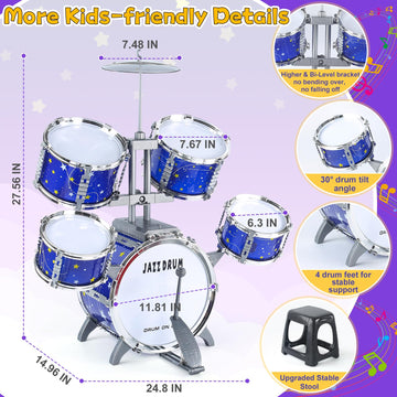 LinseyFun Kids Drum Set - Upgraded Plastic & Alloy Musical Instrument for Toddlers 1-3, Jazz Style, Blue, Model 586-336