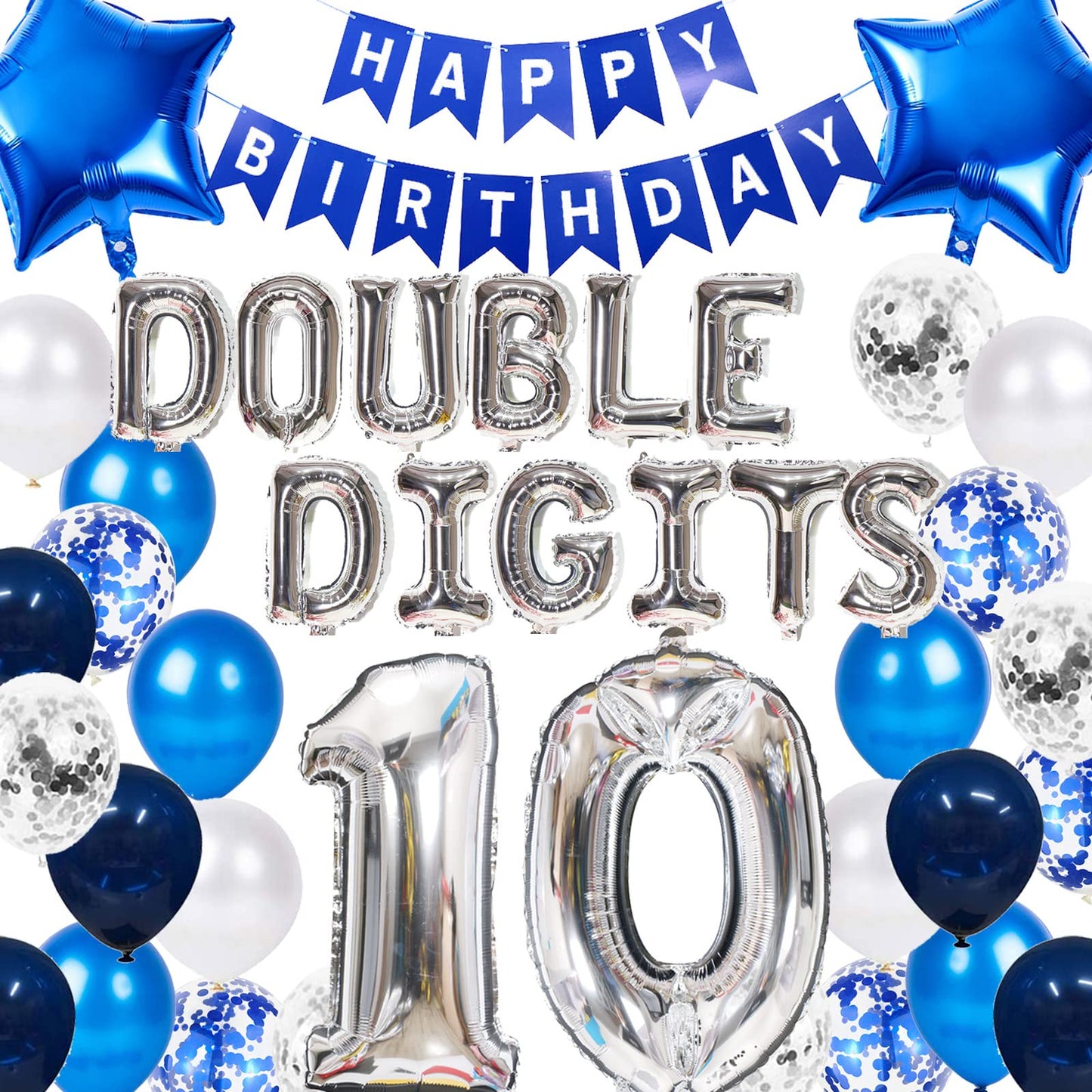 10Th Birthday Decorations Blue For Boys Double Digits 10Th Birthday Balloon Banner With Blue Star Foil Balloons Confetti Balloon
