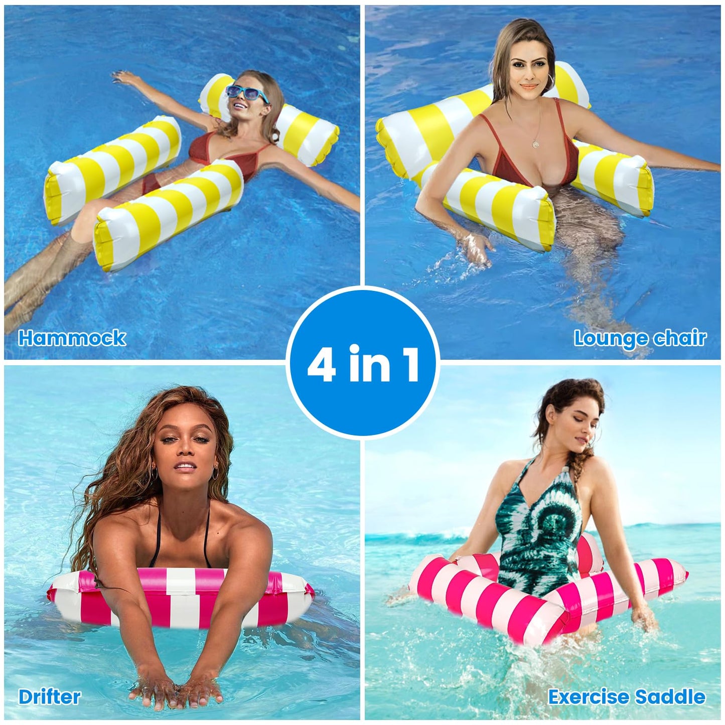 2 Pack Inflatable Pool Floats 4-In-1 Pool Hammock With Bottom Mesh 3 Tubes Inflatable Hammock For Adults,Portable Floating Chair