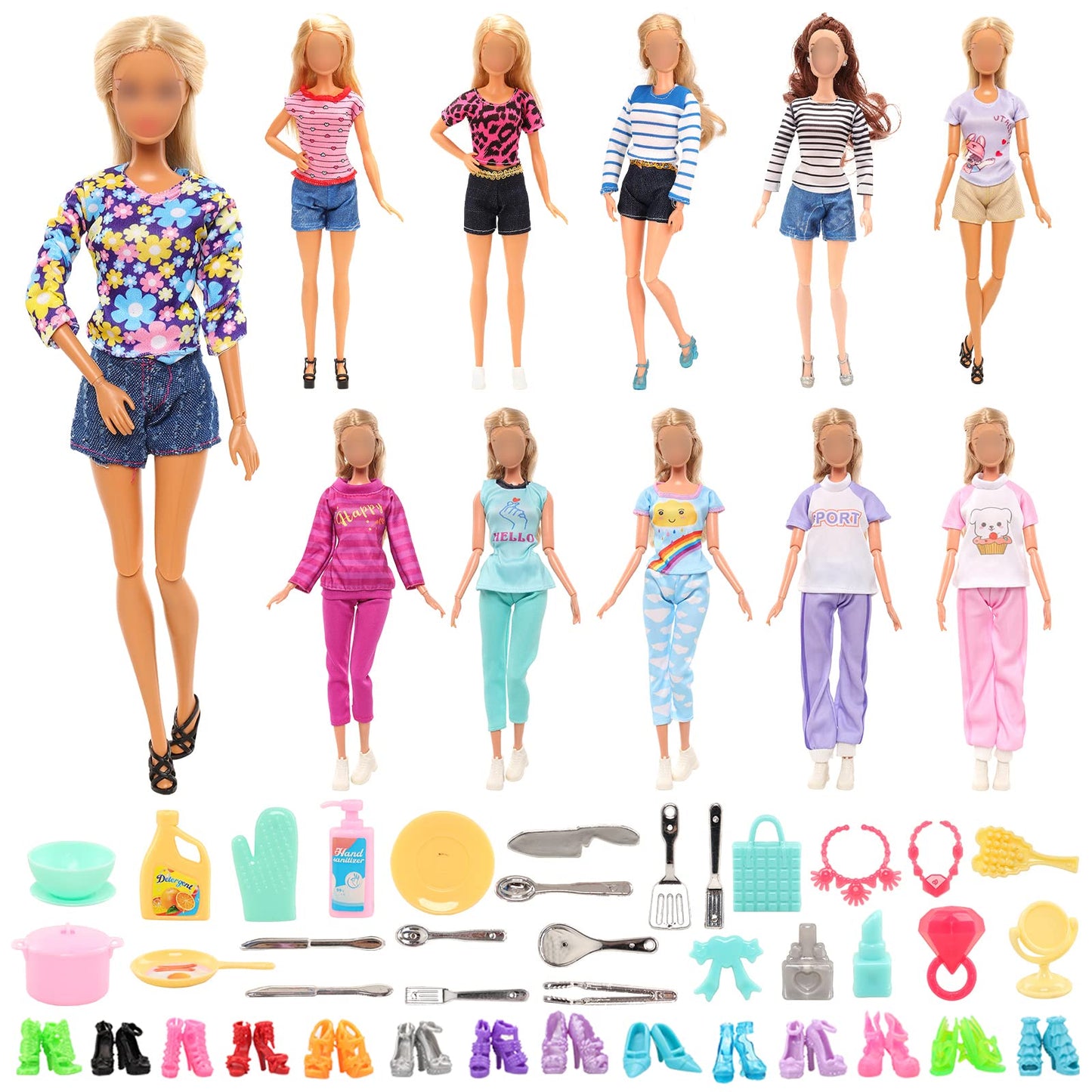 40 Pcs Doll Clothes And Accessories 6 Pants Outfits 10 Shoes 15 Pcs Makeup Accessories And 9 Tableware Accessories For 11.5 Inch